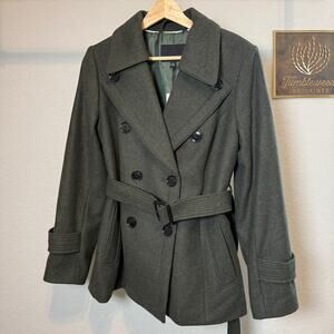 Women's Banana Republic Double Breasted Button Up Tie Waist Green‎ Coat Sz Small